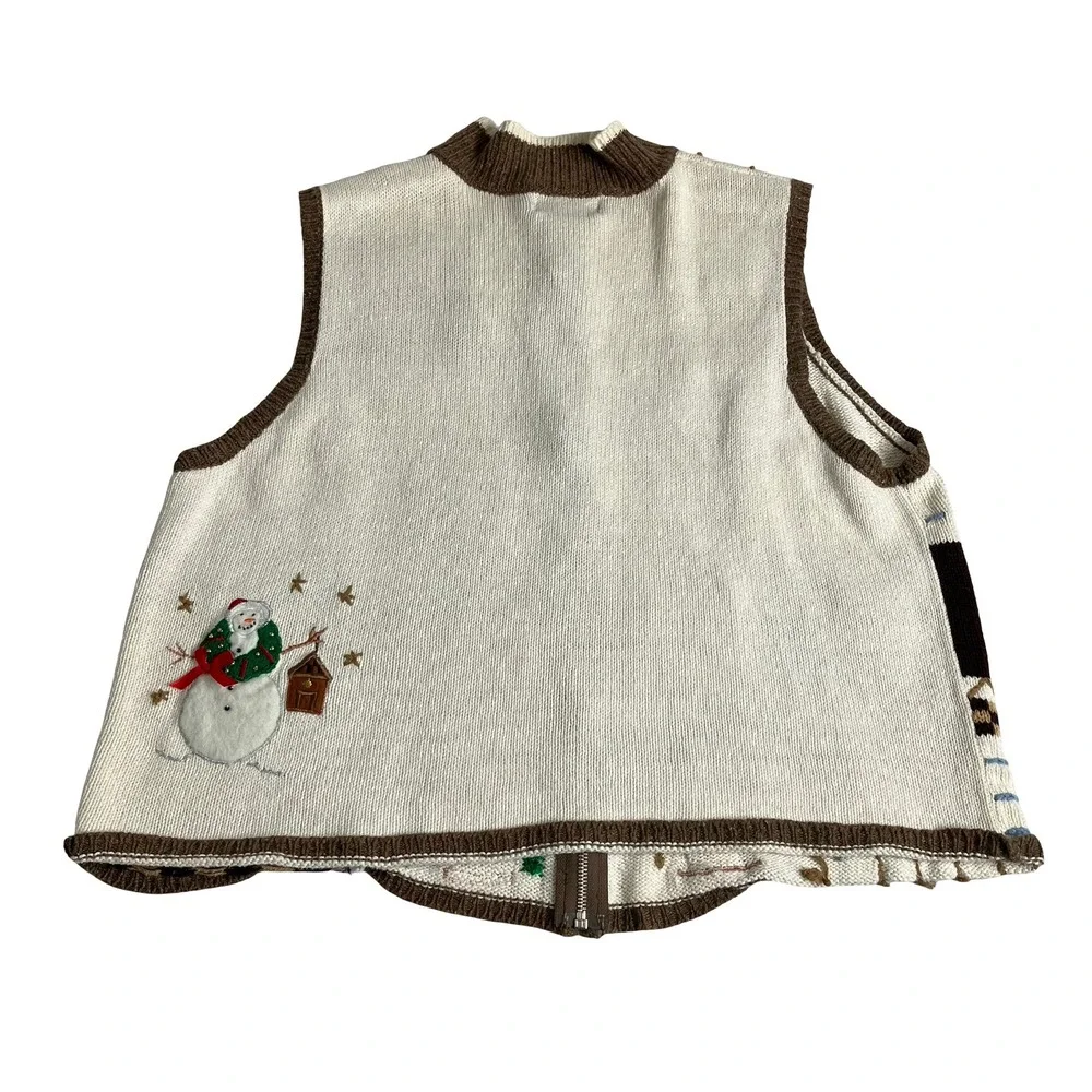 Vintage‎ Designers Originals Studio Joy Sweater Vest Womens L Cream Snowman Zip
